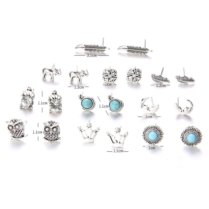 10 Pairs Women Rhinestone Crown Elephant Owl Leaf Ear Studs Earrings Jewelry Image 8