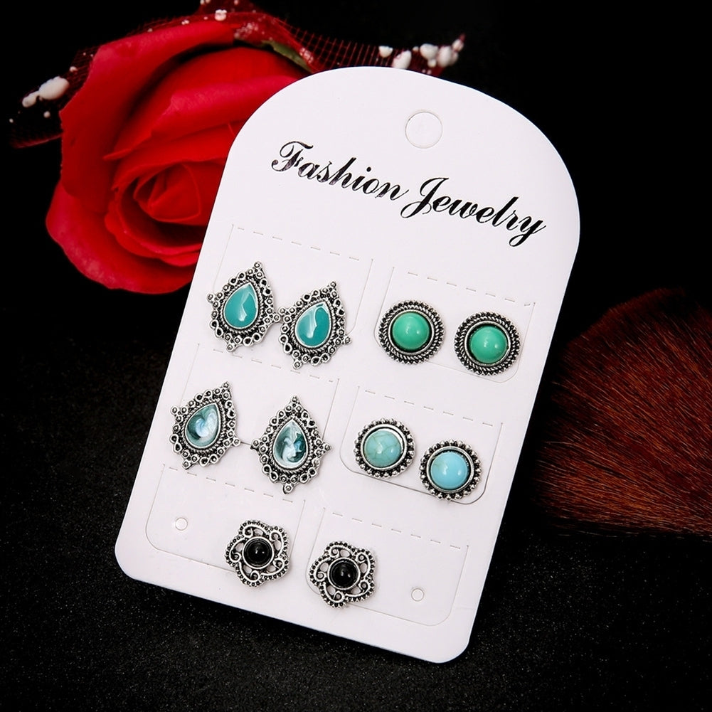 5 Pair Women Bohemia Faux Turquoise Flower Water Drop Ear Stud Earrings Jewelry Image 2