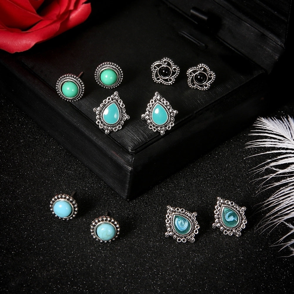 5 Pair Women Bohemia Faux Turquoise Flower Water Drop Ear Stud Earrings Jewelry Image 4