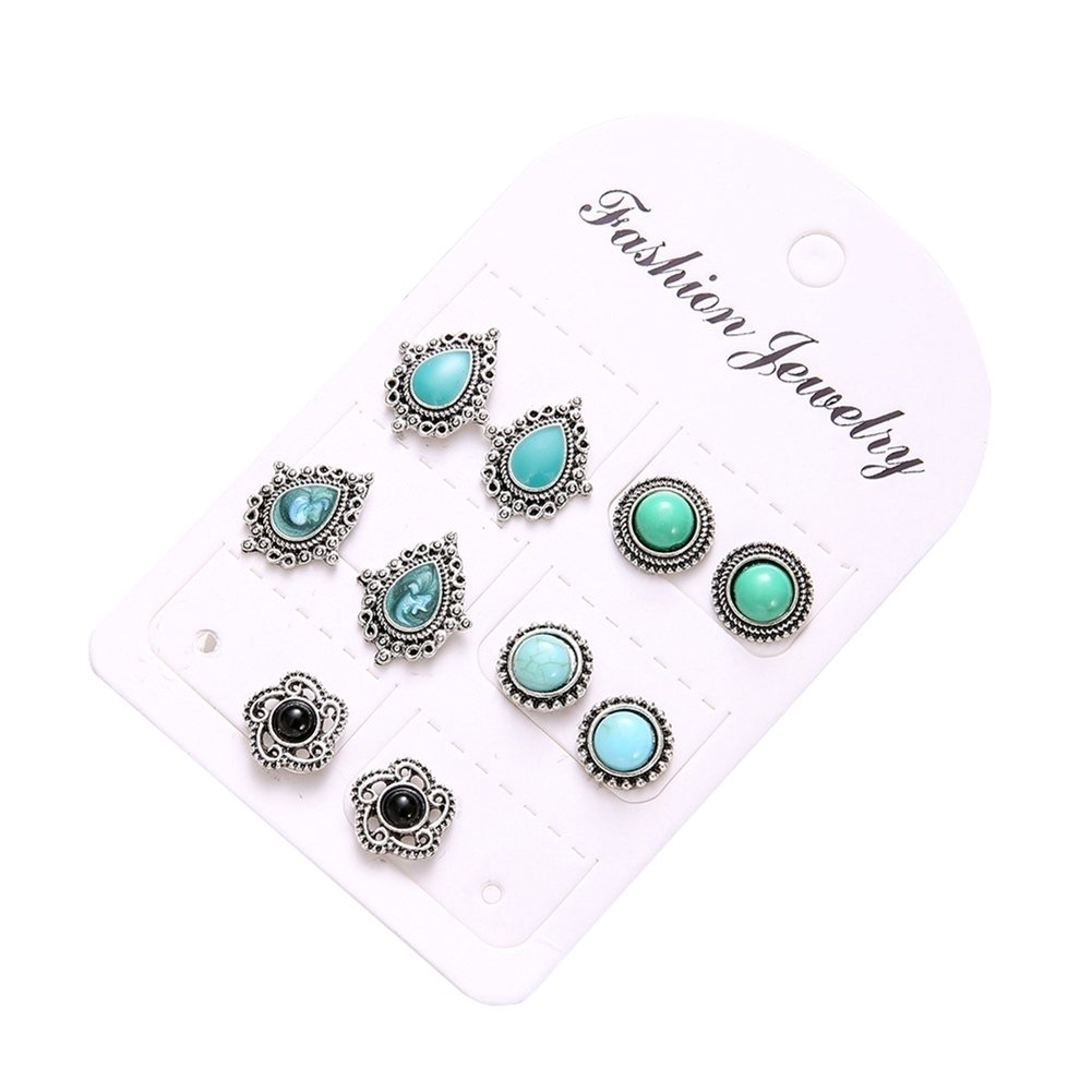 5 Pair Women Bohemia Faux Turquoise Flower Water Drop Ear Stud Earrings Jewelry Image 6