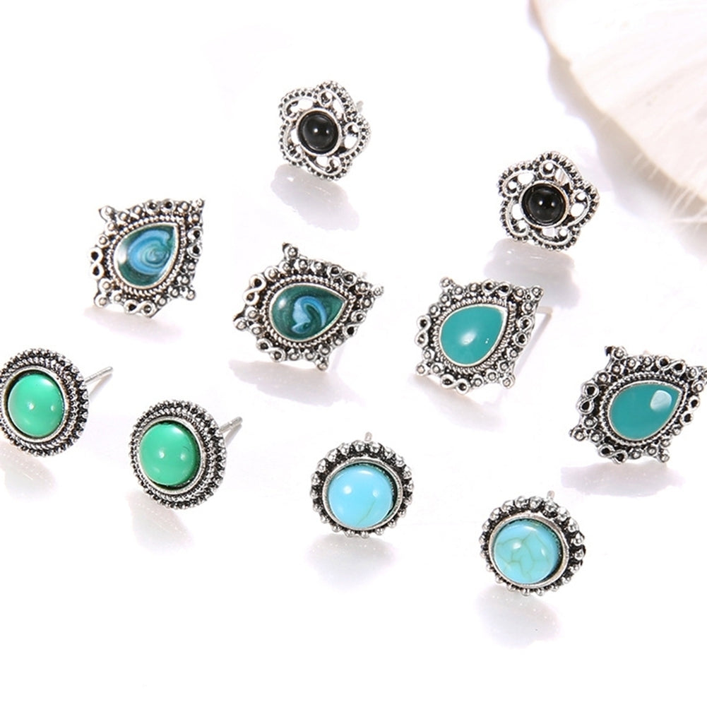 5 Pair Women Bohemia Faux Turquoise Flower Water Drop Ear Stud Earrings Jewelry Image 7