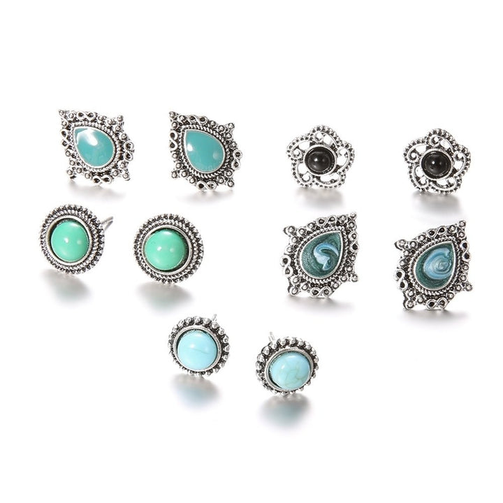 5 Pair Women Bohemia Faux Turquoise Flower Water Drop Ear Stud Earrings Jewelry Image 8