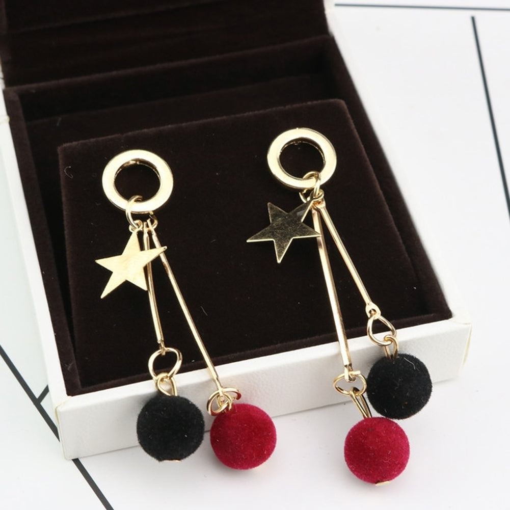 Simple Five Pointed Star Plush Ball Long Dangle Women Ear Stud Earrings Gift Image 1