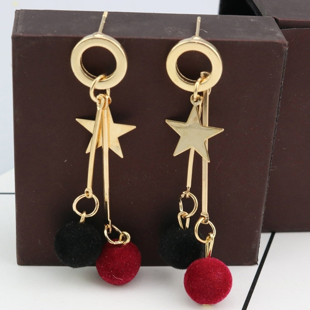 Simple Five Pointed Star Plush Ball Long Dangle Women Ear Stud Earrings Gift Image 2