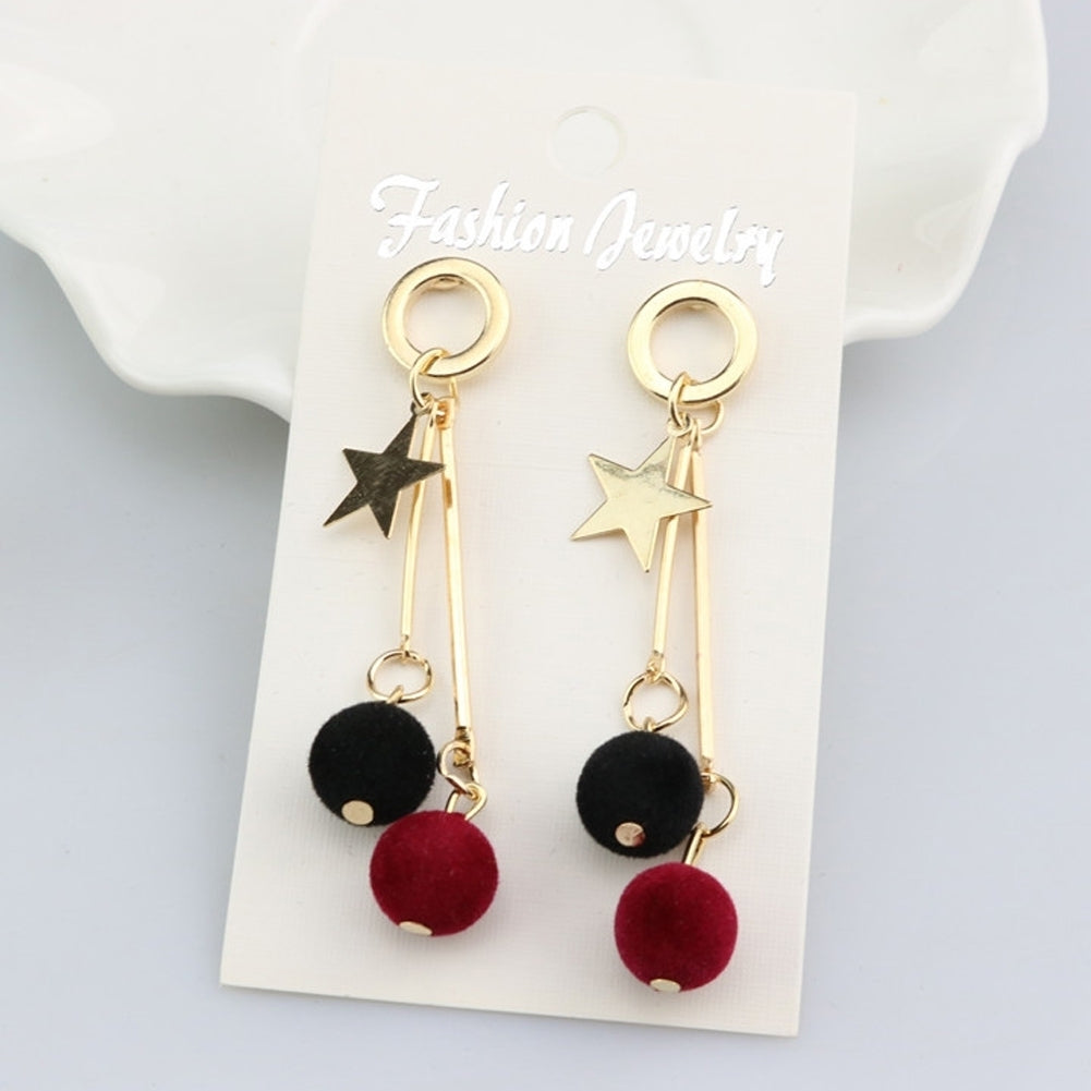 Simple Five Pointed Star Plush Ball Long Dangle Women Ear Stud Earrings Gift Image 3