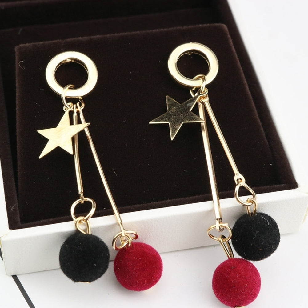 Simple Five Pointed Star Plush Ball Long Dangle Women Ear Stud Earrings Gift Image 4