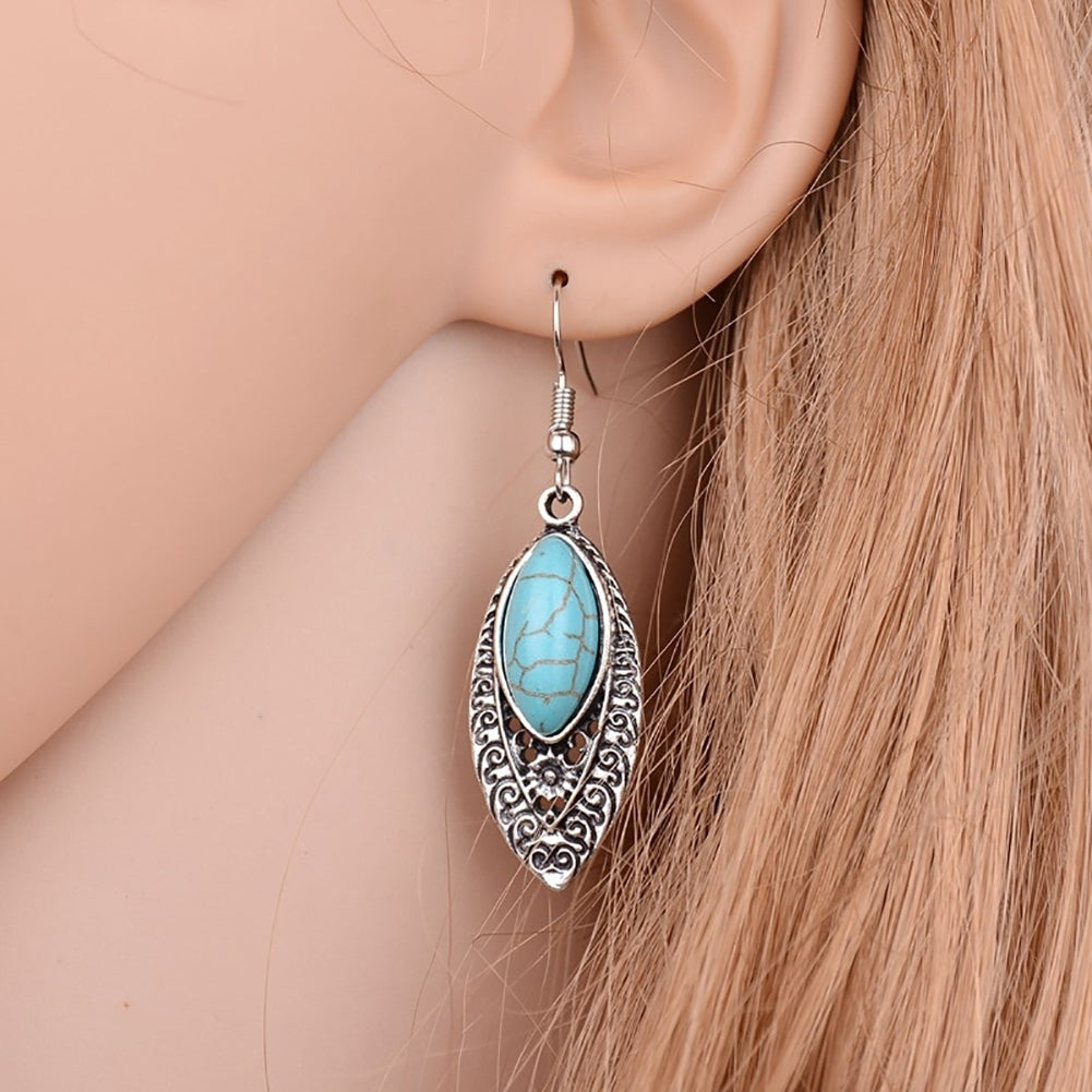 Bohemian Inlaid Artificial Turquoise Openwork Carved Drop Dangle Hook Earrings Image 1