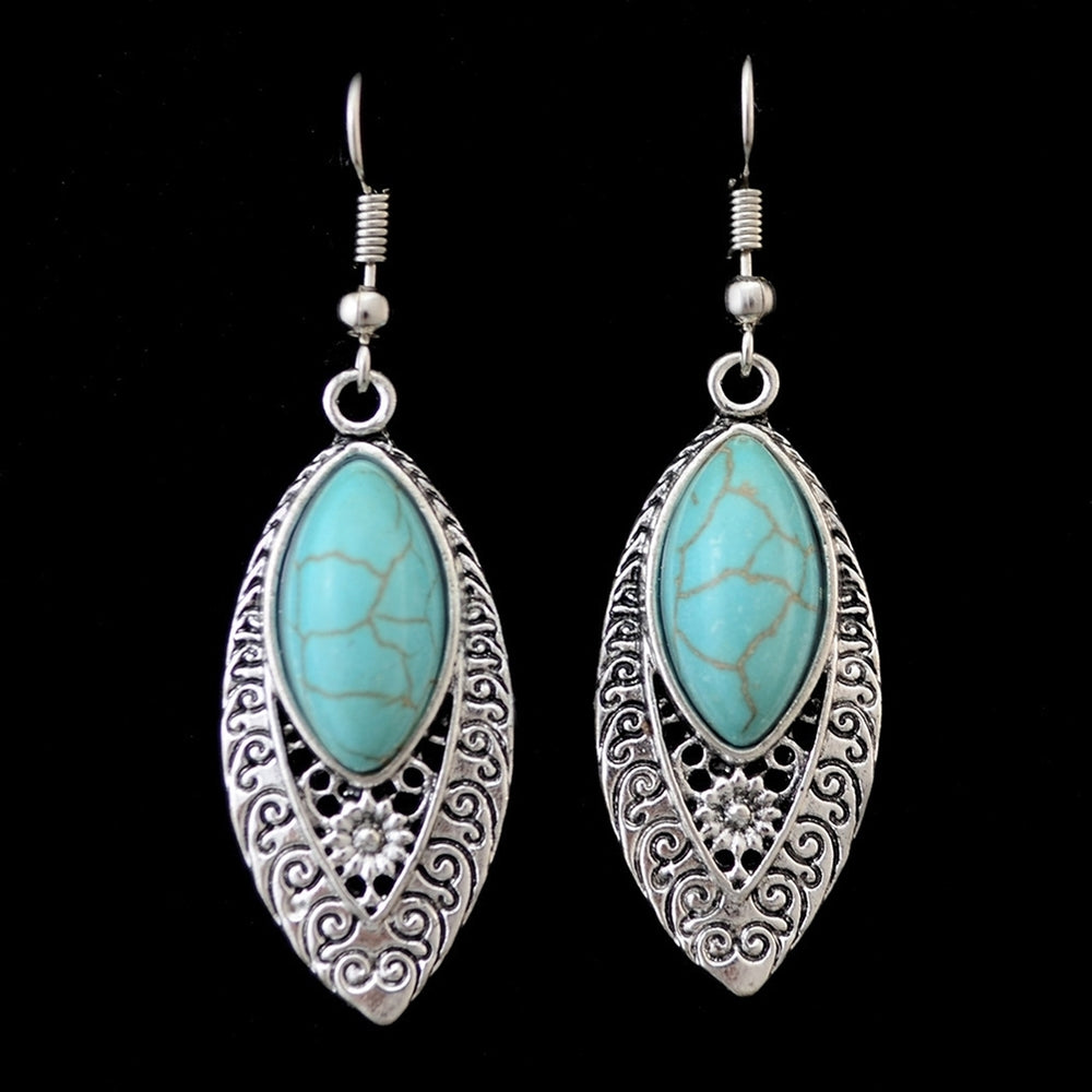 Bohemian Inlaid Artificial Turquoise Openwork Carved Drop Dangle Hook Earrings Image 2