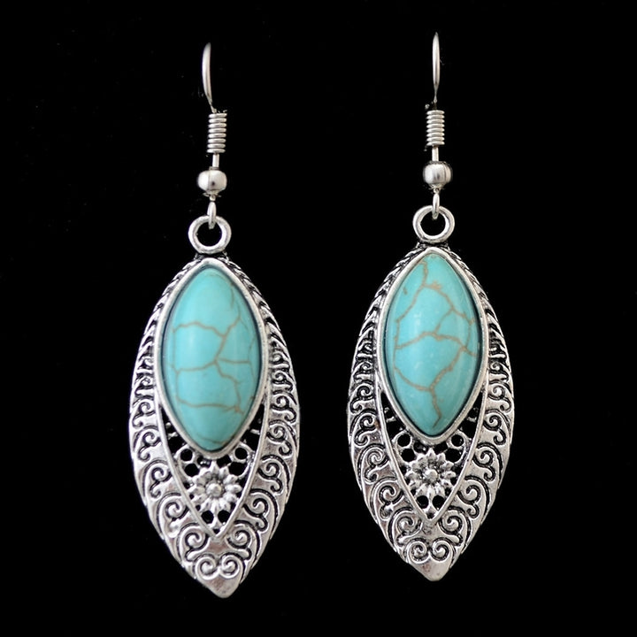 Bohemian Inlaid Artificial Turquoise Openwork Carved Drop Dangle Hook Earrings Image 2