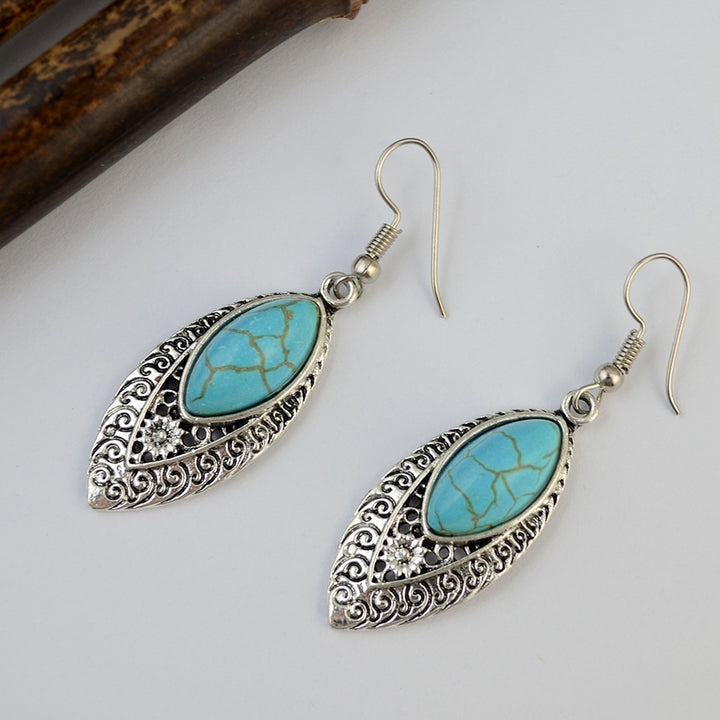 Bohemian Inlaid Artificial Turquoise Openwork Carved Drop Dangle Hook Earrings Image 3