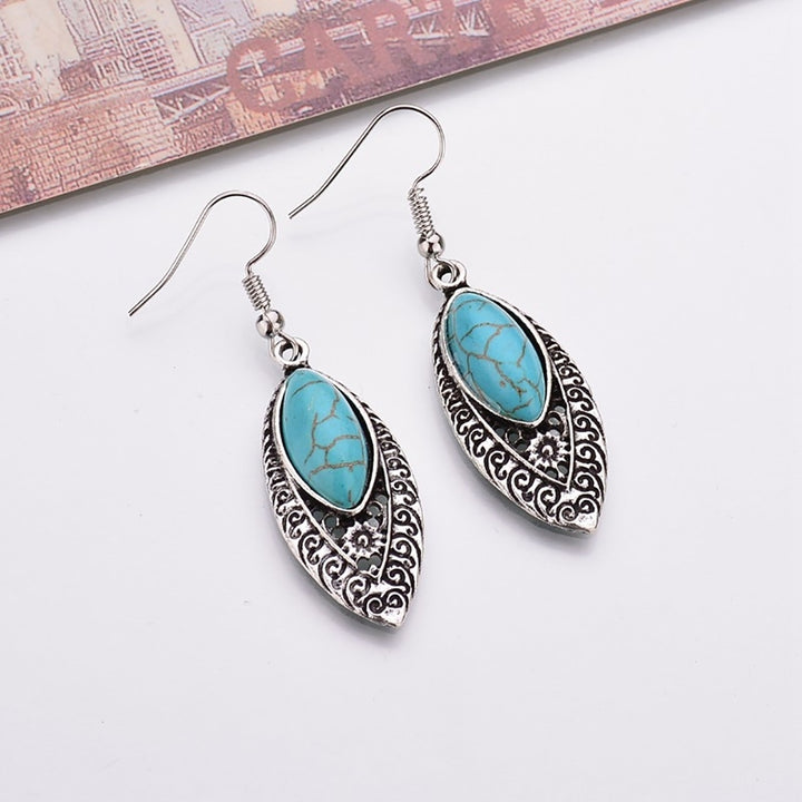 Bohemian Inlaid Artificial Turquoise Openwork Carved Drop Dangle Hook Earrings Image 4