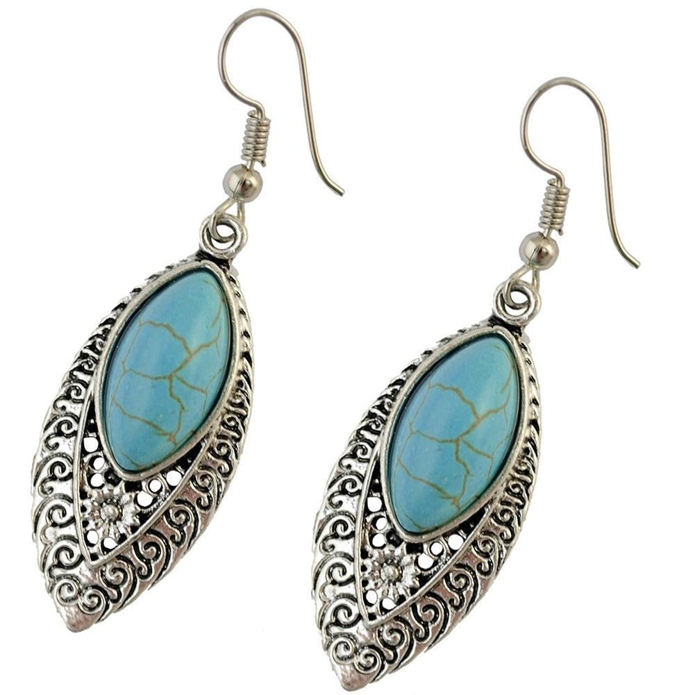 Bohemian Inlaid Artificial Turquoise Openwork Carved Drop Dangle Hook Earrings Image 4