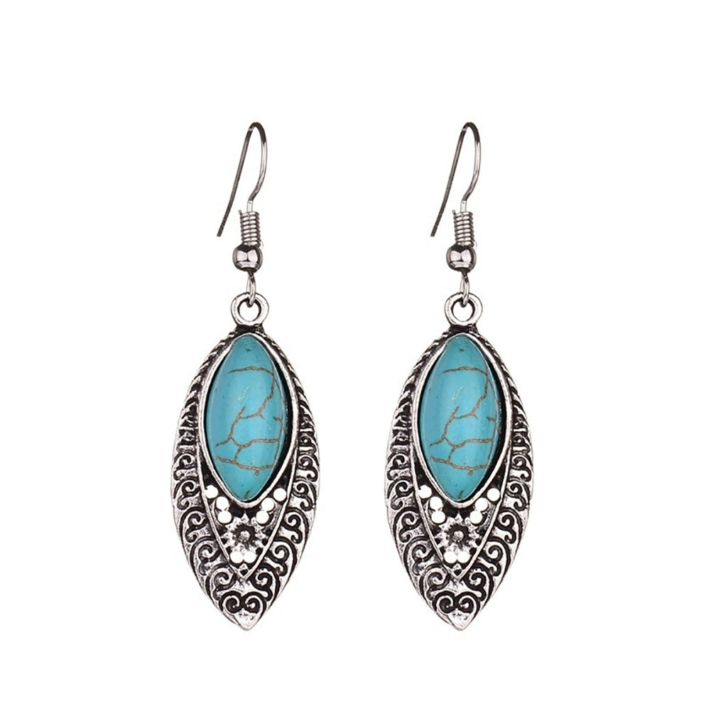 Bohemian Inlaid Artificial Turquoise Openwork Carved Drop Dangle Hook Earrings Image 6