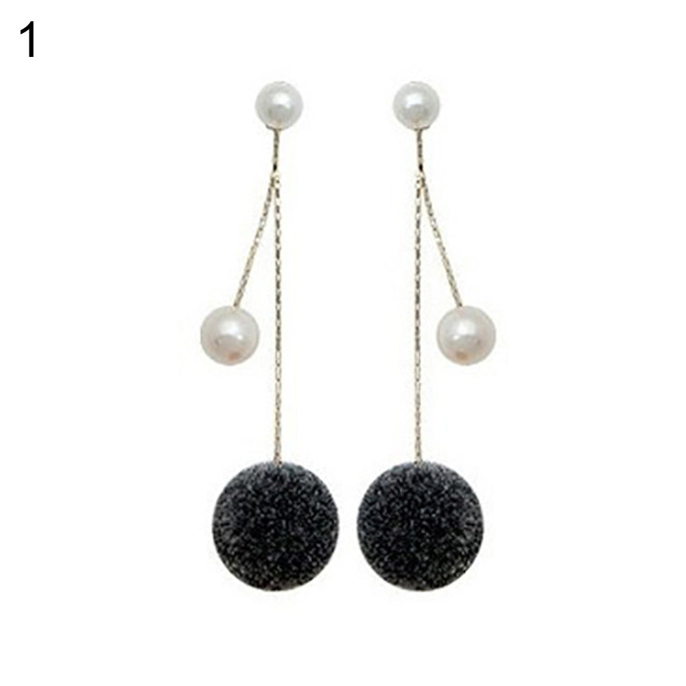 Fashion Faux Pearl Plush Ball Long Chain Dangle Earrings Women Gift Jewelry Image 2