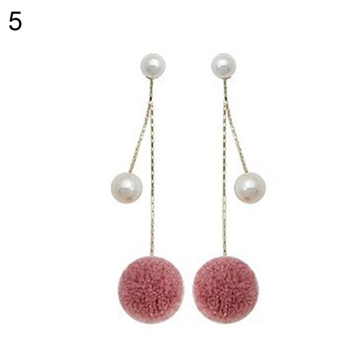 Fashion Faux Pearl Plush Ball Long Chain Dangle Earrings Women Gift Jewelry Image 4