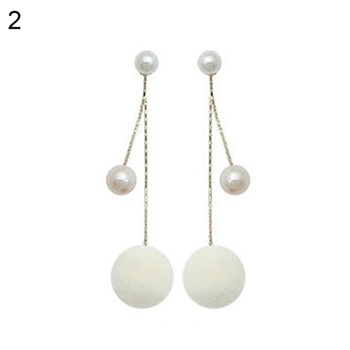 Fashion Faux Pearl Plush Ball Long Chain Dangle Earrings Women Gift Jewelry Image 4