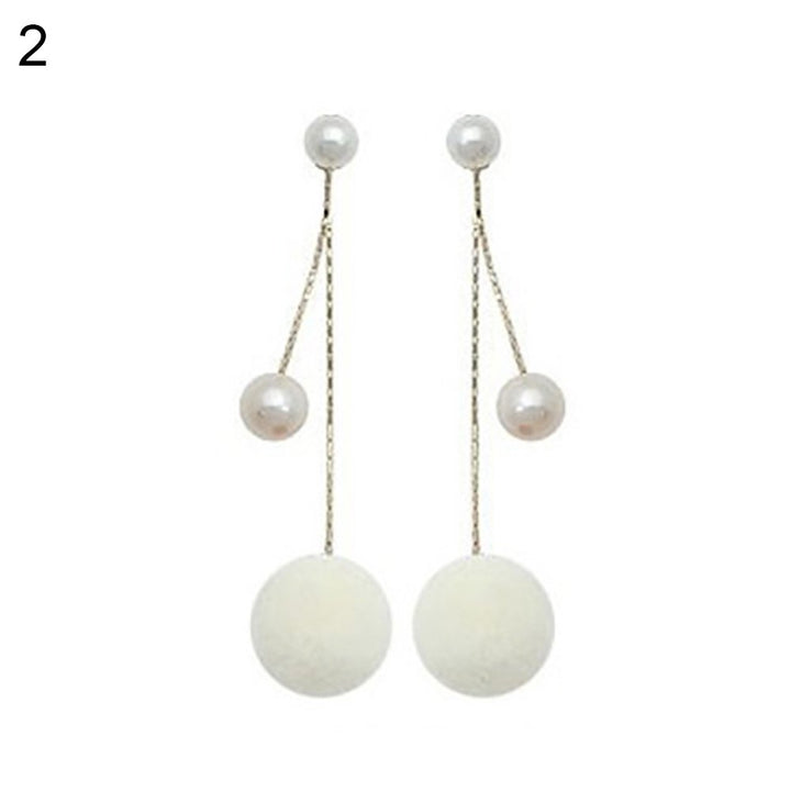 Fashion Faux Pearl Plush Ball Long Chain Dangle Earrings Women Gift Jewelry Image 1