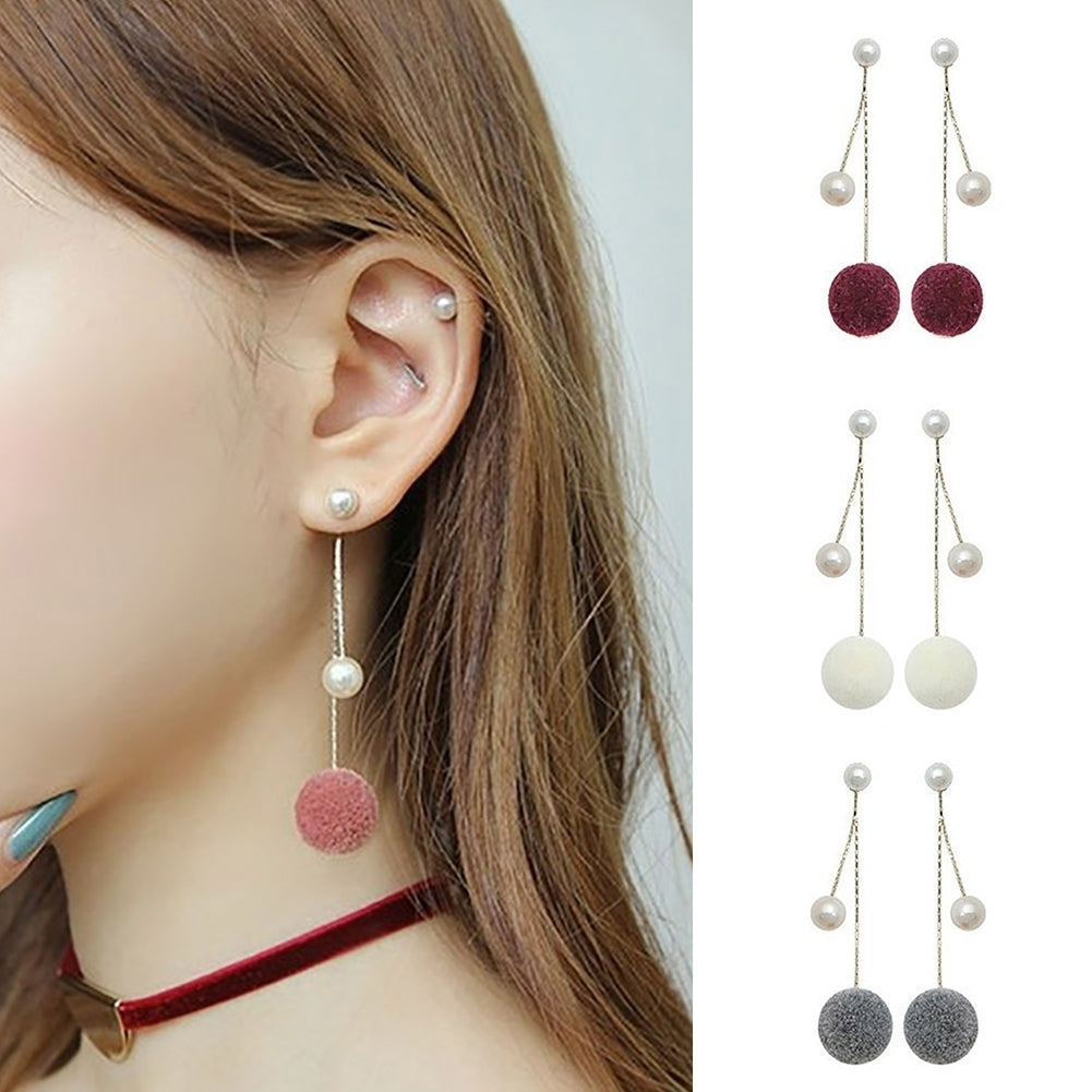 Fashion Faux Pearl Plush Ball Long Chain Dangle Earrings Women Gift Jewelry Image 6