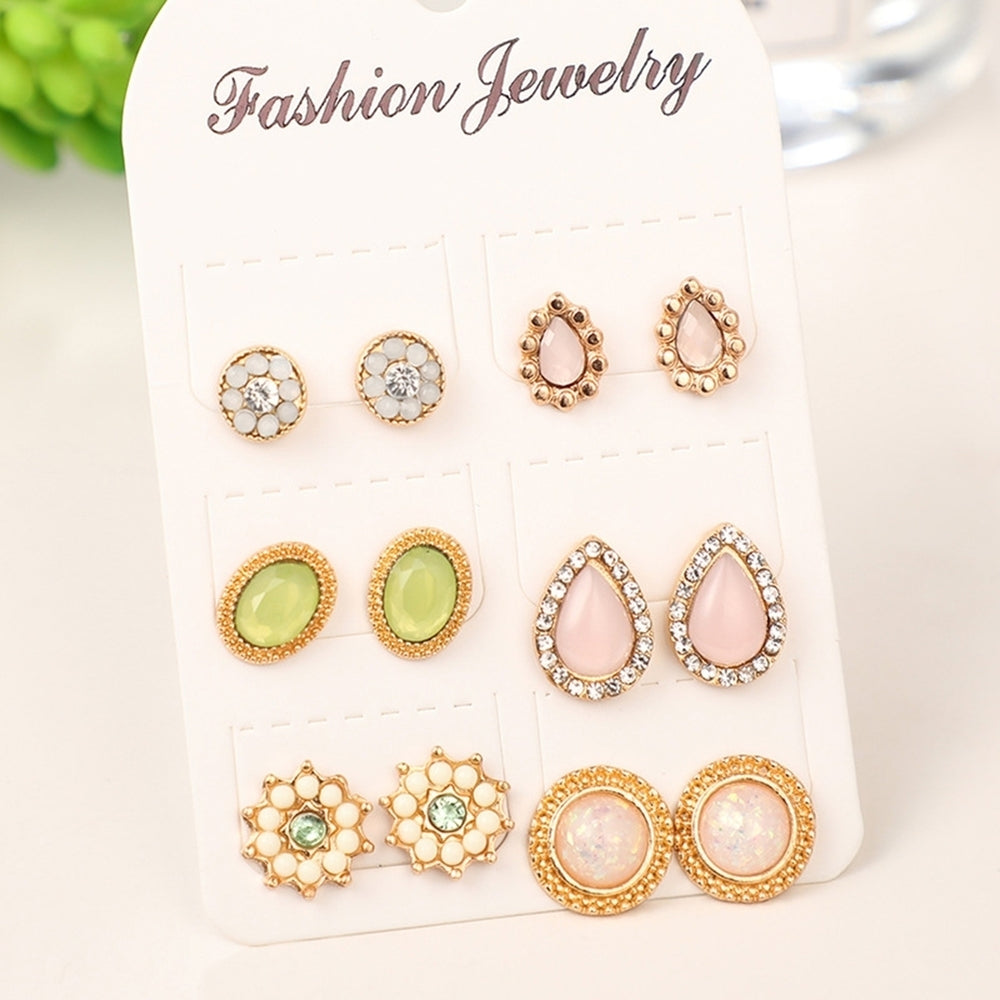 6Pairs Fashion Women Water Drop Flower Rhinestone Faux Opal Ear Studs Earrings Image 2