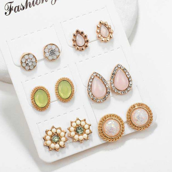 6Pairs Fashion Women Water Drop Flower Rhinestone Faux Opal Ear Studs Earrings Image 3