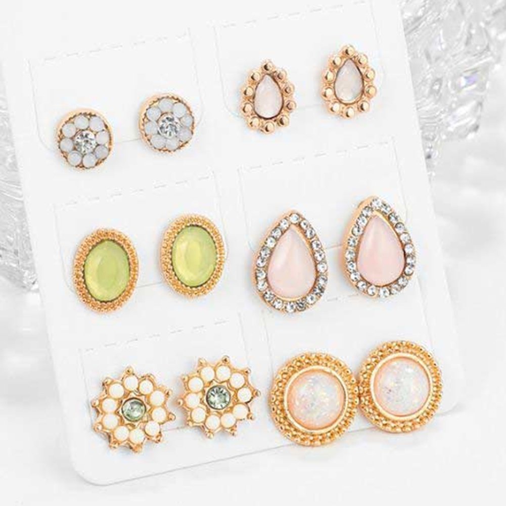 6Pairs Fashion Women Water Drop Flower Rhinestone Faux Opal Ear Studs Earrings Image 7