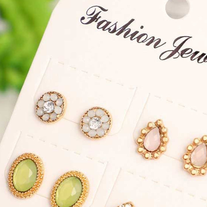 6Pairs Fashion Women Water Drop Flower Rhinestone Faux Opal Ear Studs Earrings Image 8