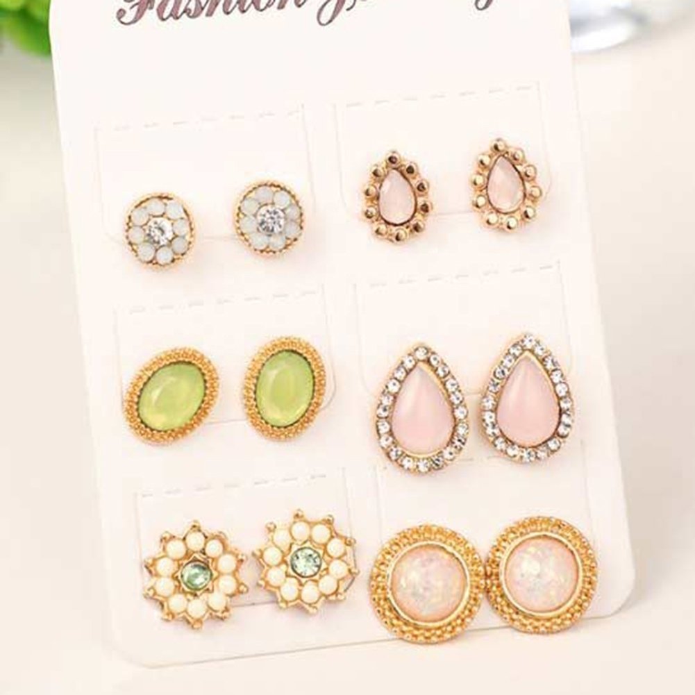 6Pairs Fashion Women Water Drop Flower Rhinestone Faux Opal Ear Studs Earrings Image 9