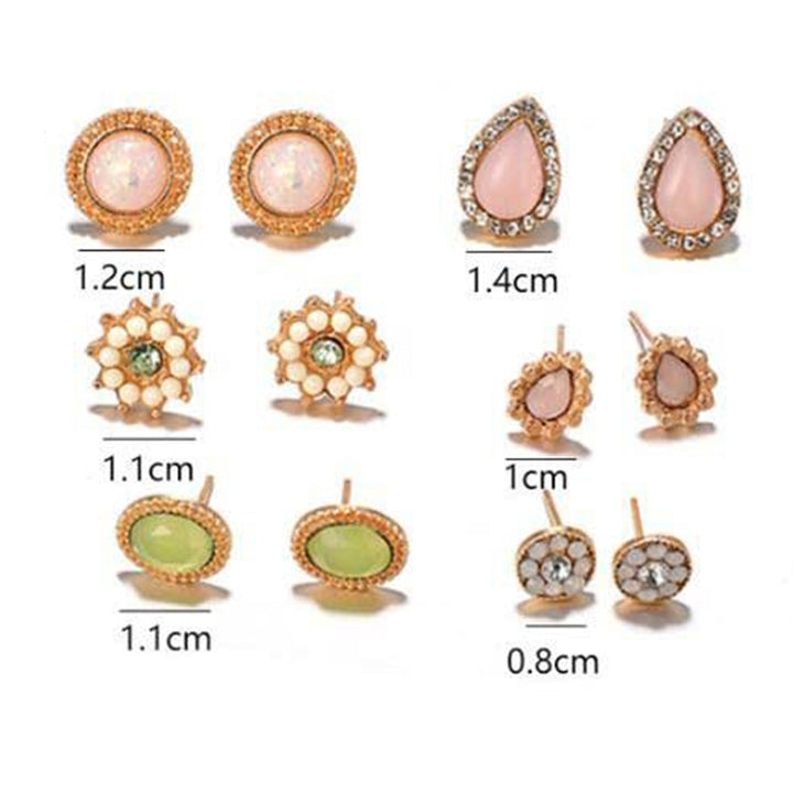 6Pairs Fashion Women Water Drop Flower Rhinestone Faux Opal Ear Studs Earrings Image 10