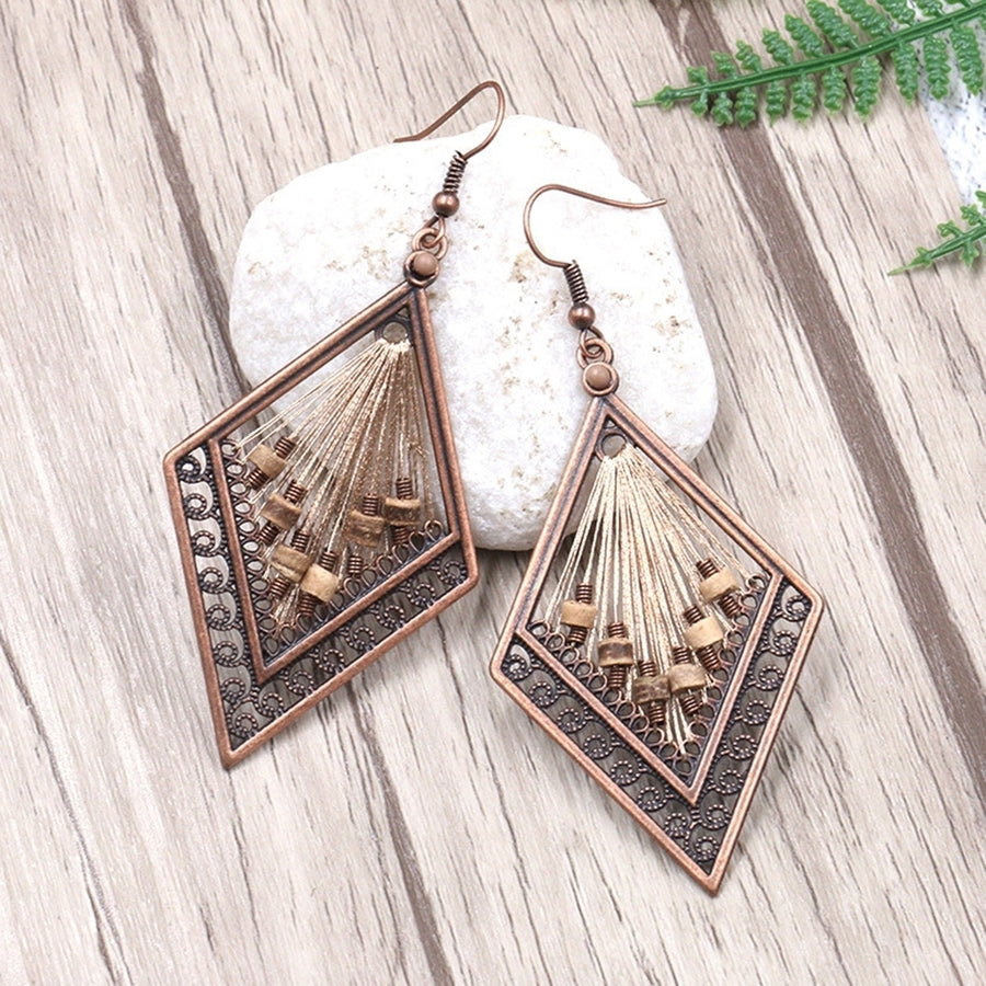 Bohemian Women Hollow Rhombus Pendant Thread Dangle Drop Hook Earrings Jewelry Image 1