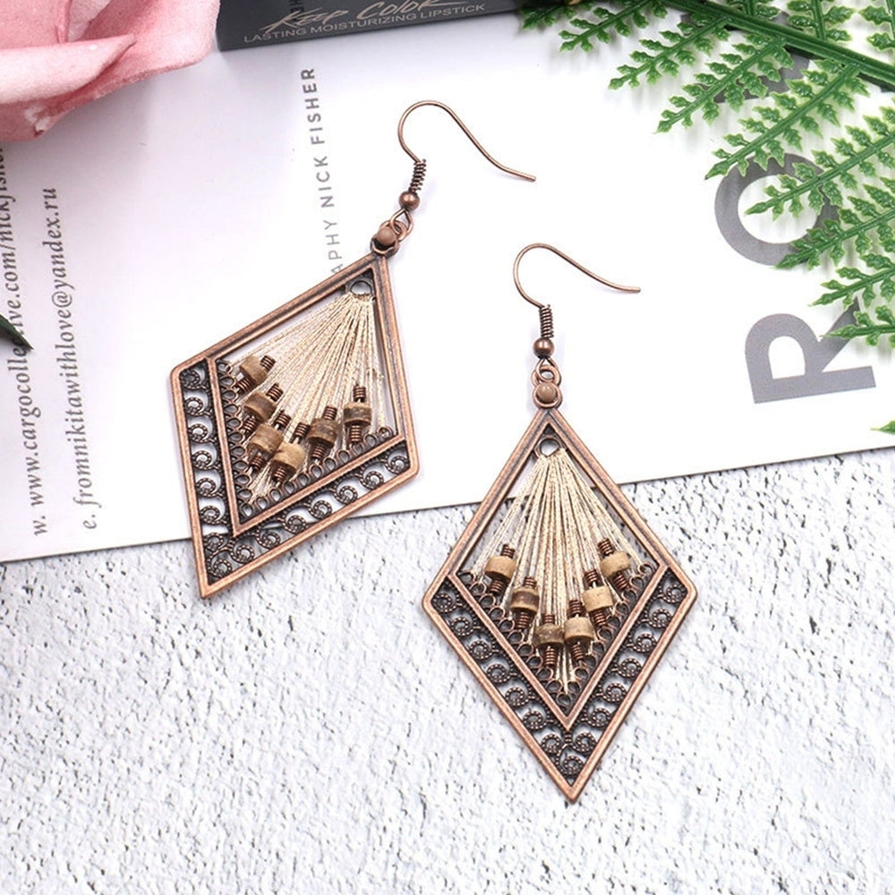 Bohemian Women Hollow Rhombus Pendant Thread Dangle Drop Hook Earrings Jewelry Image 2