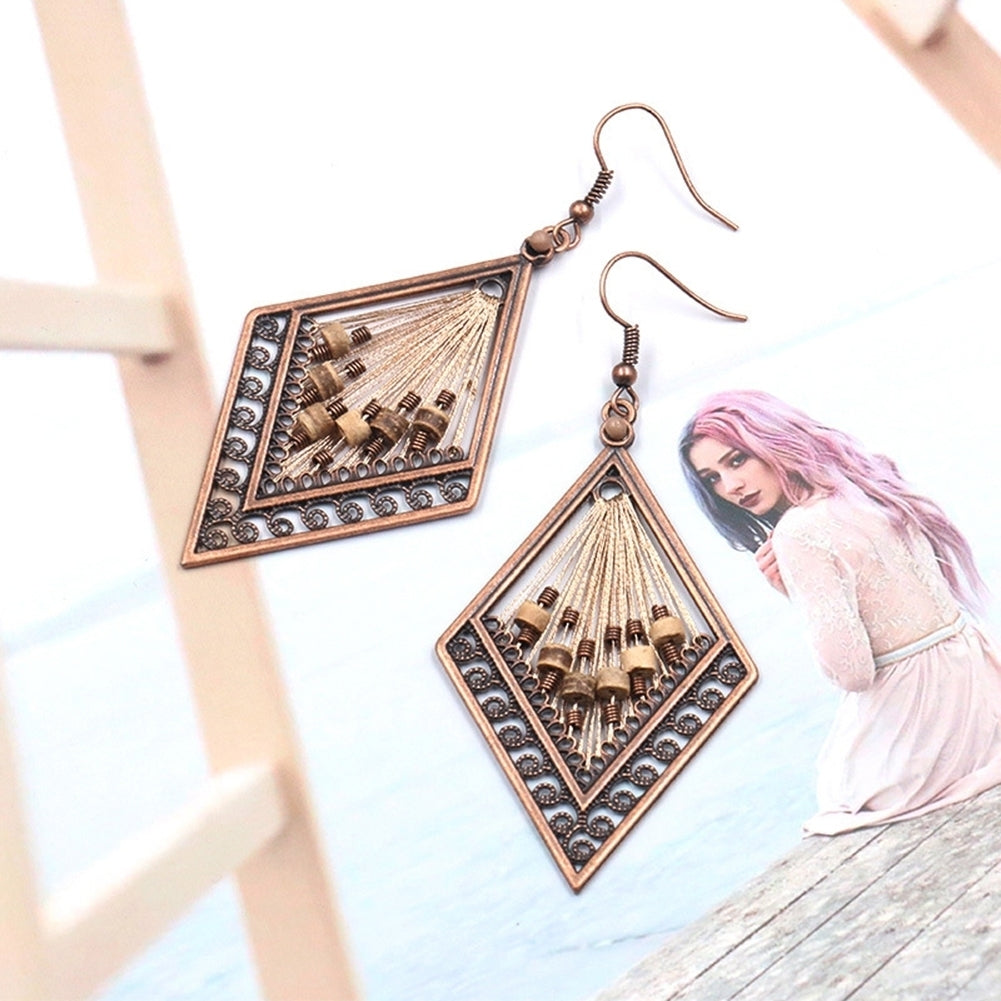 Bohemian Women Hollow Rhombus Pendant Thread Dangle Drop Hook Earrings Jewelry Image 3