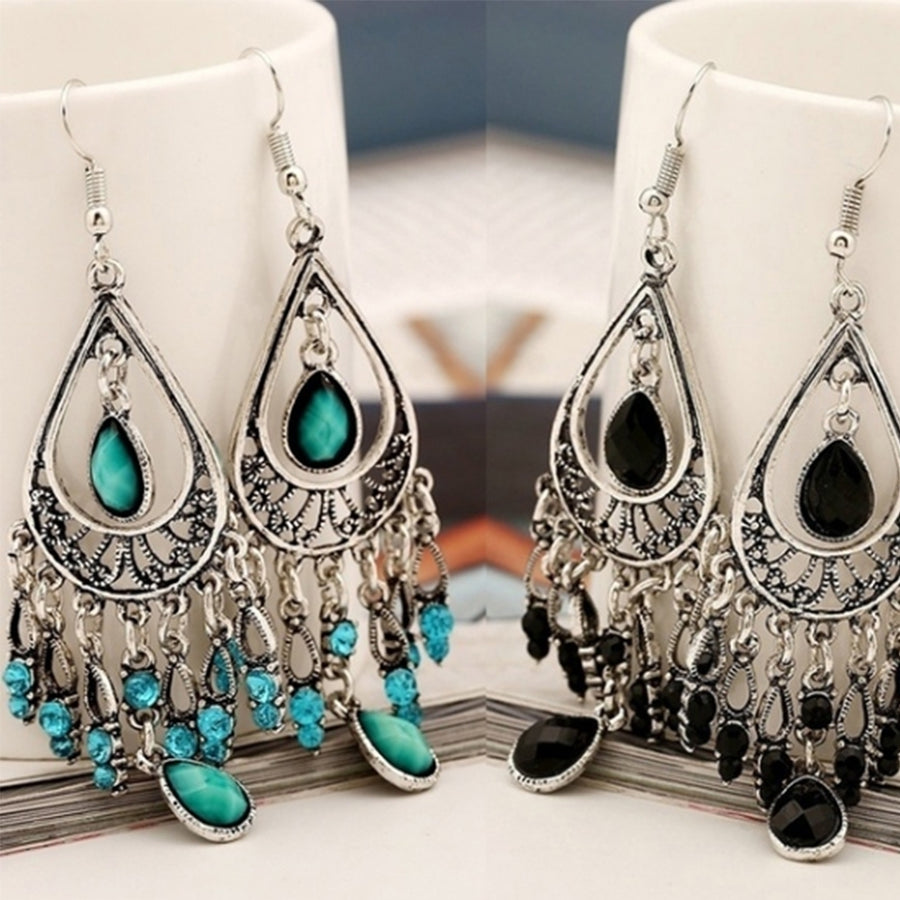 Boho Women Hollow Carved Faux Gemstone Tassel Drop Dangle Hook Earring Jewelry Image 1