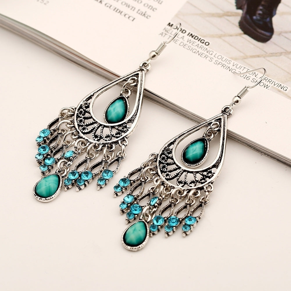 Boho Women Hollow Carved Faux Gemstone Tassel Drop Dangle Hook Earring Jewelry Image 2