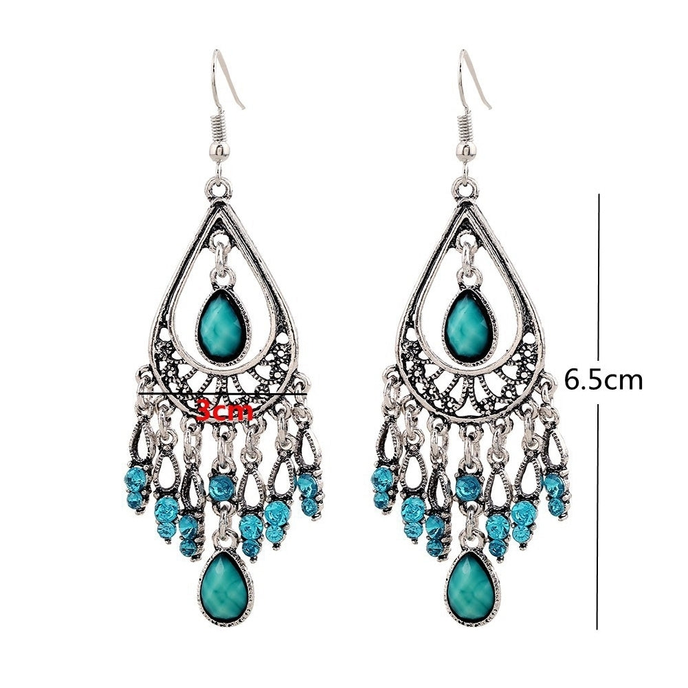 Boho Women Hollow Carved Faux Gemstone Tassel Drop Dangle Hook Earring Jewelry Image 7