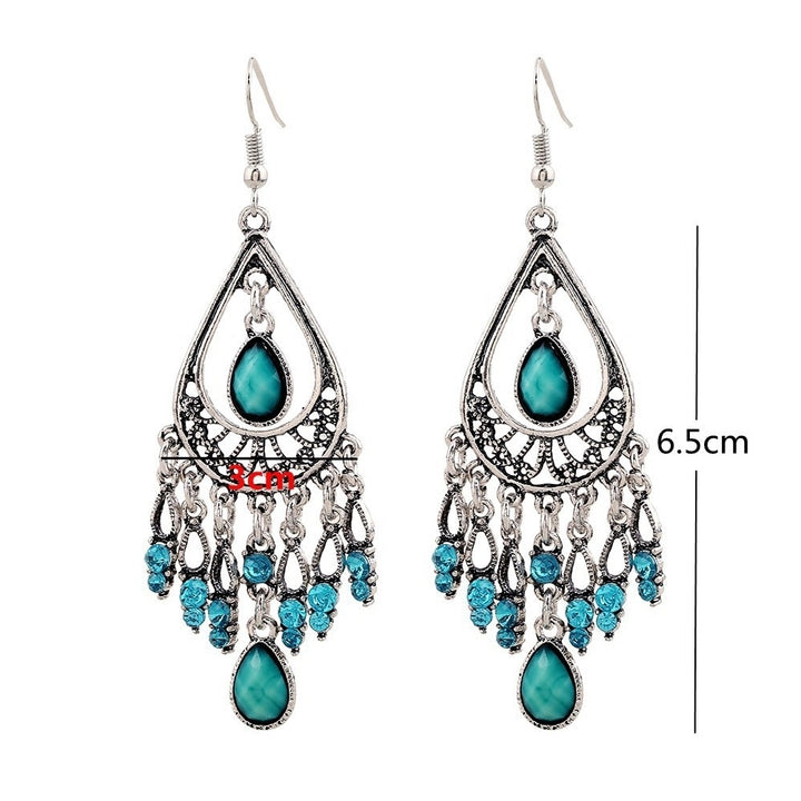 Boho Women Hollow Carved Faux Gemstone Tassel Drop Dangle Hook Earring Jewelry Image 7