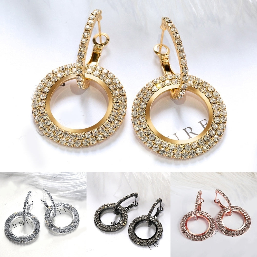 Fashion Women Linked Circle Long Dangle Full Rhinestone Huggie Earrings Jewelry Image 1