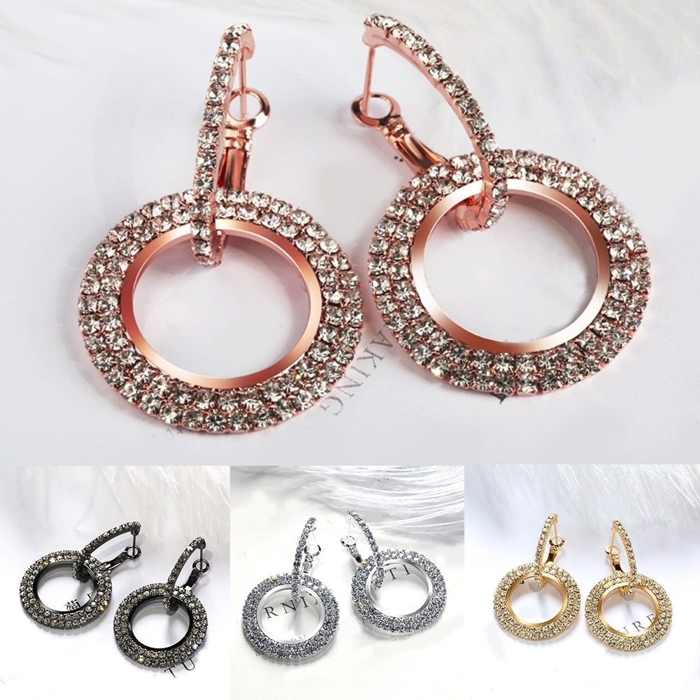 Fashion Women Linked Circle Long Dangle Full Rhinestone Huggie Earrings Jewelry Image 2