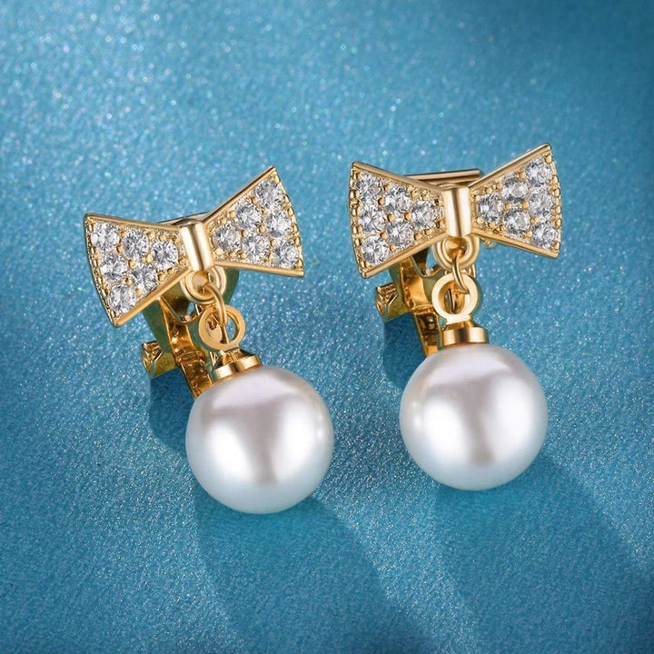 Fashion Bowknot Shape Rhinestone Faux Pearl Inlaid Ear Clips Women Earrings Image 1