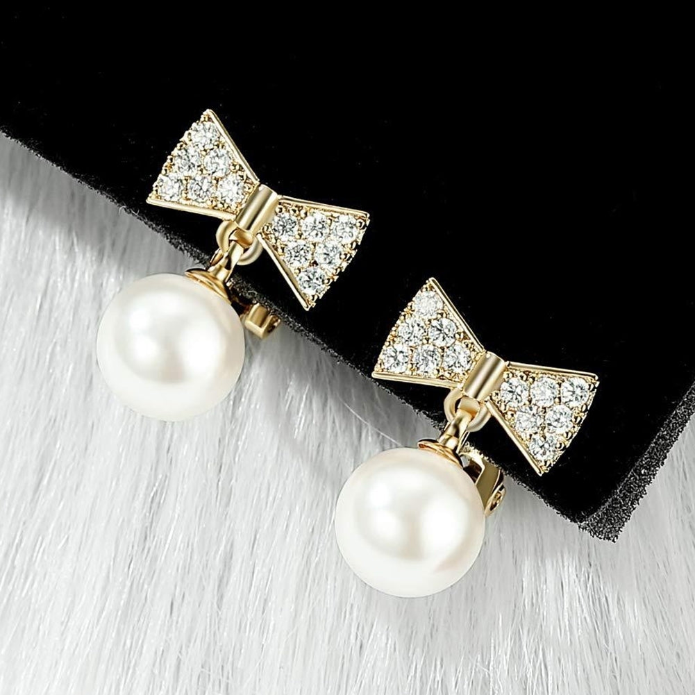 Fashion Bowknot Shape Rhinestone Faux Pearl Inlaid Ear Clips Women Earrings Image 2