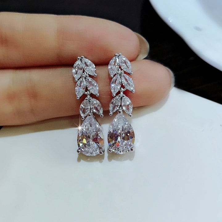 Women Fashion Party Leaf Water Drop Shape Cubic Zirconia Pendant Stud Earrings Image 2