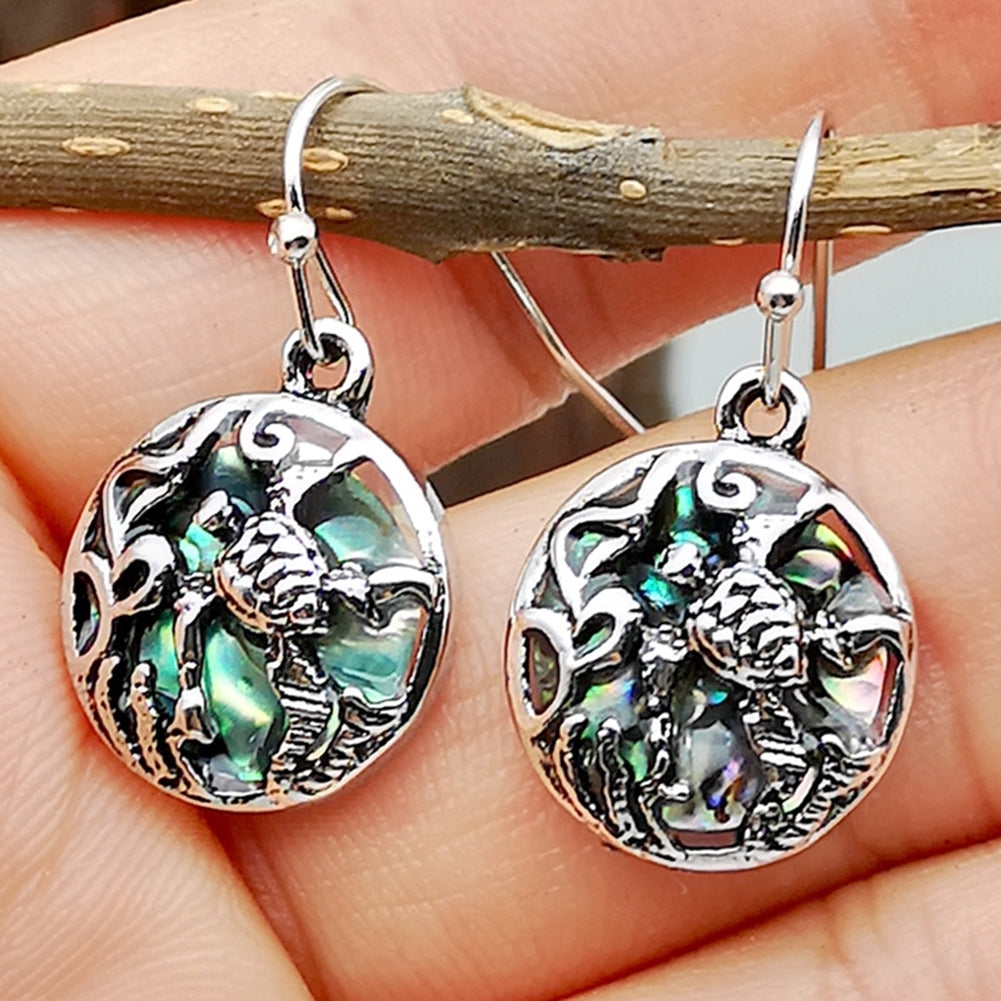 Creative Turtle Faux Abalone Shell Round Pendant Women Hook Earrings Jewelry Image 3