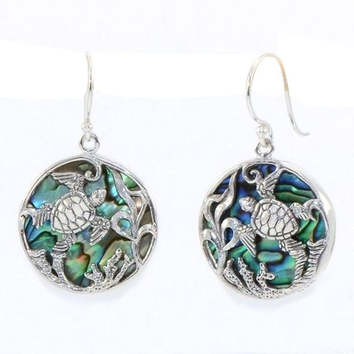 Creative Turtle Faux Abalone Shell Round Pendant Women Hook Earrings Jewelry Image 4