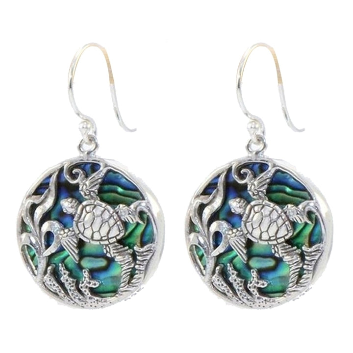 Creative Turtle Faux Abalone Shell Round Pendant Women Hook Earrings Jewelry Image 4