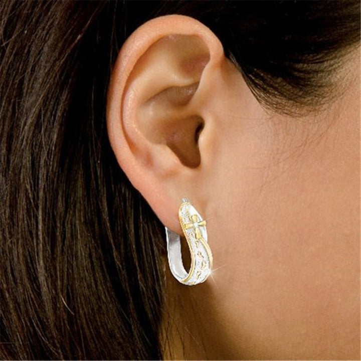 Fashion Dual Color Footprints Cross Sign Rhinestone Women Huggie Hoop Earrings Image 2