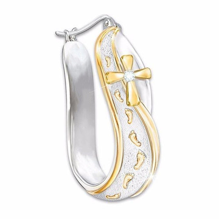 Fashion Dual Color Footprints Cross Sign Rhinestone Women Huggie Hoop Earrings Image 3