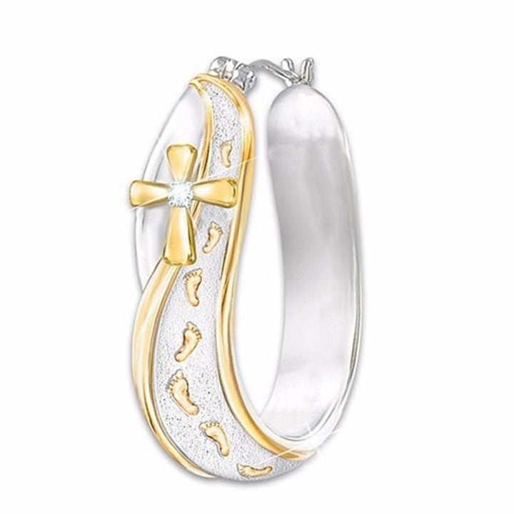 Fashion Dual Color Footprints Cross Sign Rhinestone Women Huggie Hoop Earrings Image 4