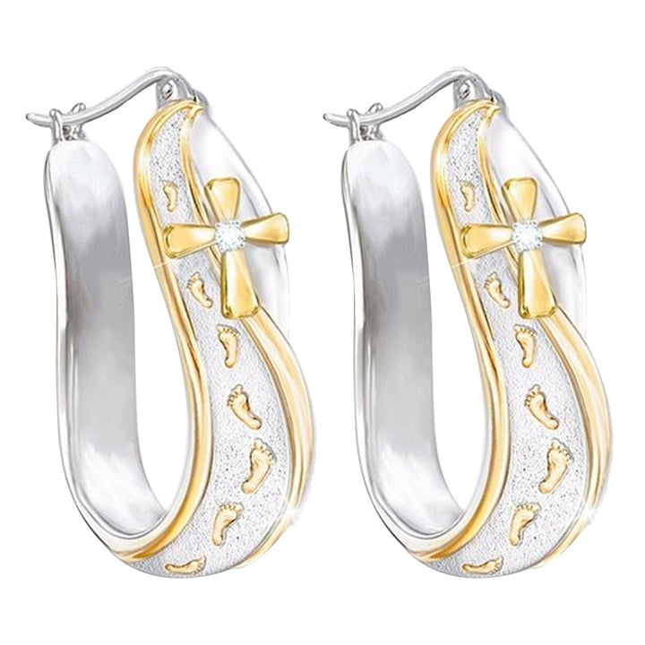 Fashion Dual Color Footprints Cross Sign Rhinestone Women Huggie Hoop Earrings Image 4