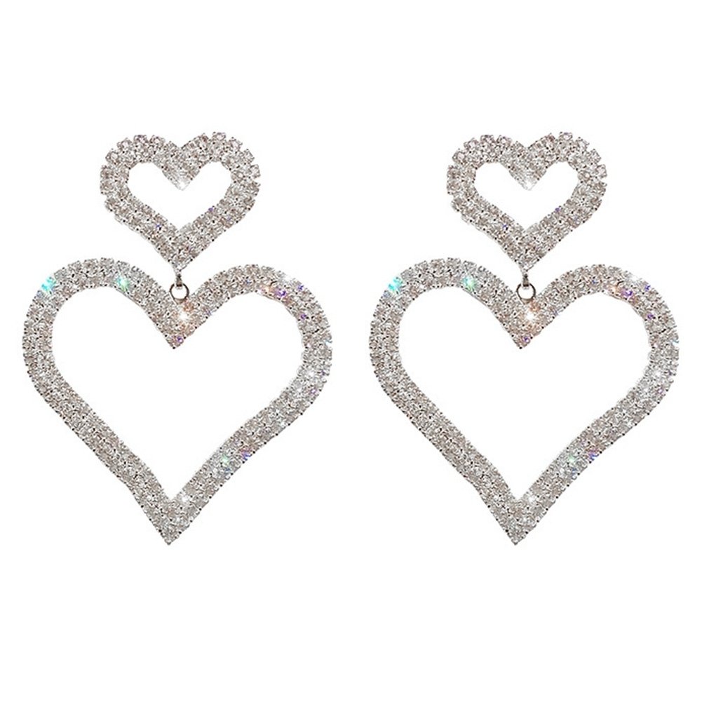 Luxury Full Rhinestone Hollow Dual Love Heart Women Stud Earrings Jewelry Gift Image 1