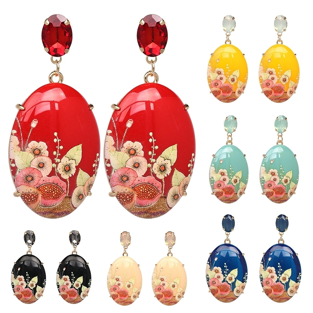 Elegant Women Resin Oval Shape Flower Pendant Earrings Rhinestone Inlaid Jewelry Image 1