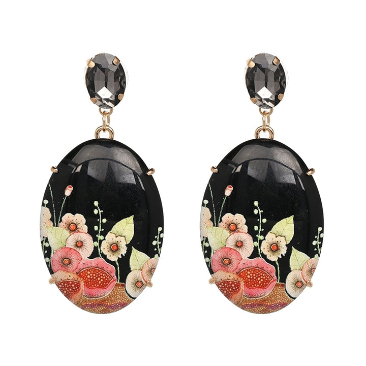 Elegant Women Resin Oval Shape Flower Pendant Earrings Rhinestone Inlaid Jewelry Image 2